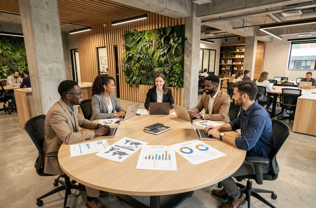 Équipe internationale de professionnels collaborant autour d'une table sur des stratégies d'innovation économique mondiale