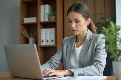 Femme consultant son espace client bancaire en ligne sur un ordinateur portable dans un bureau à domicile moderne