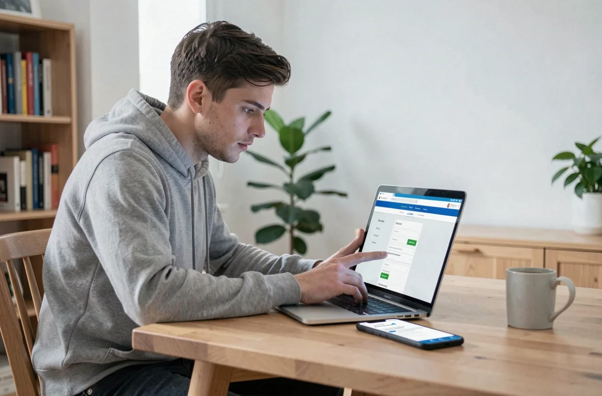 Jeune homme gérant son espace particulier Société Générale en ligne depuis son domicile