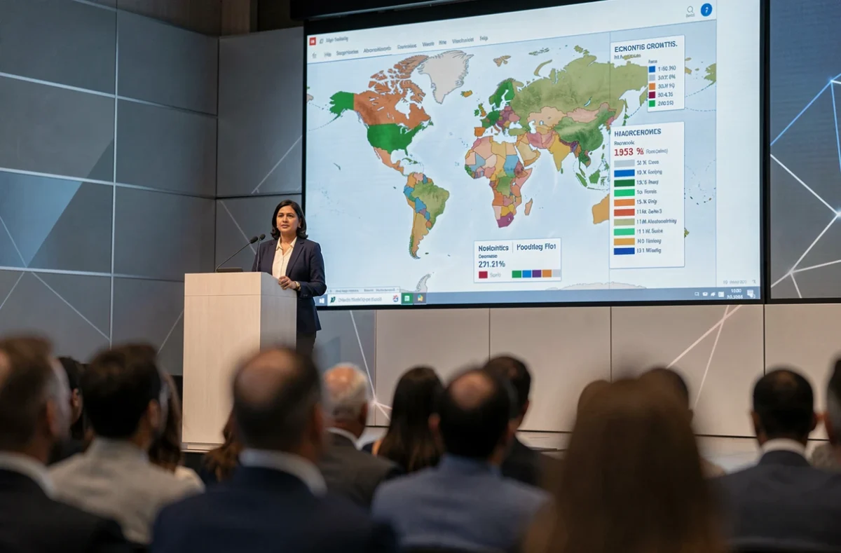 Femme experte en économie présentant une analyse des puissances mondiales et de l'innovation lors d'une conférence internationale