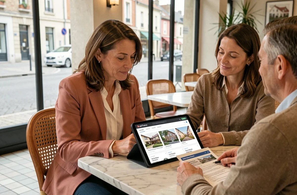 Fabienne Bompoint, conseillère iad France, présentant des annonces de location à des clients dans un café en Seine-et-Marne