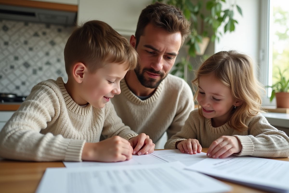 Jeune père avec ses enfants regardant des documents à la maison