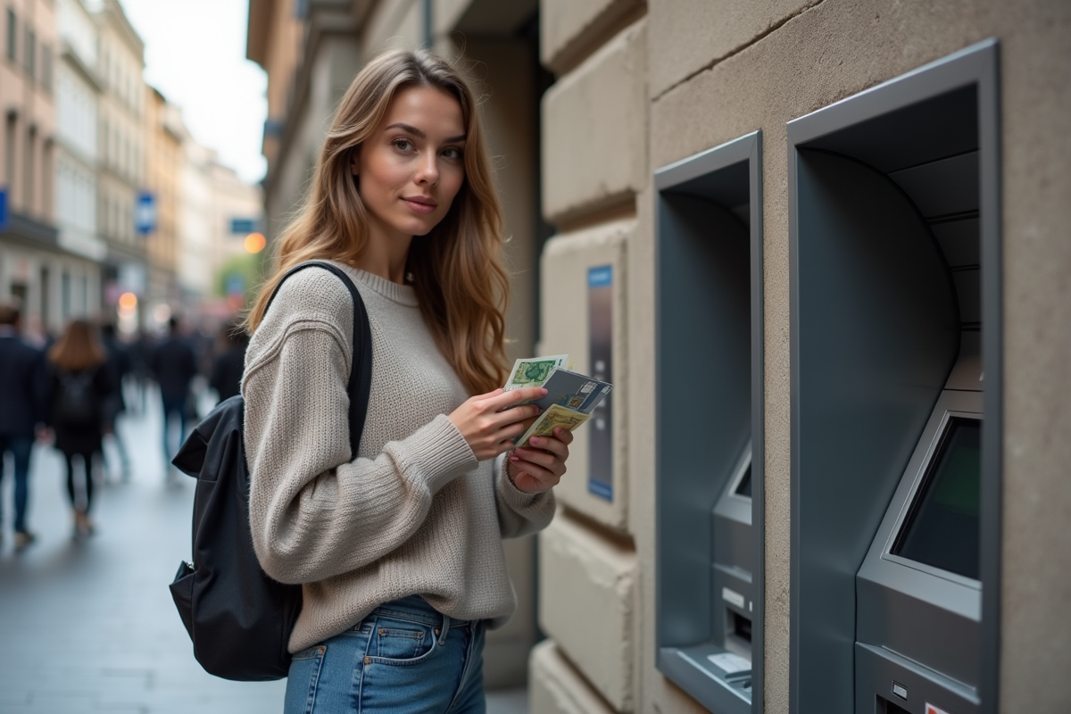 Jeune femme devant un distributeur de billets dans la rue