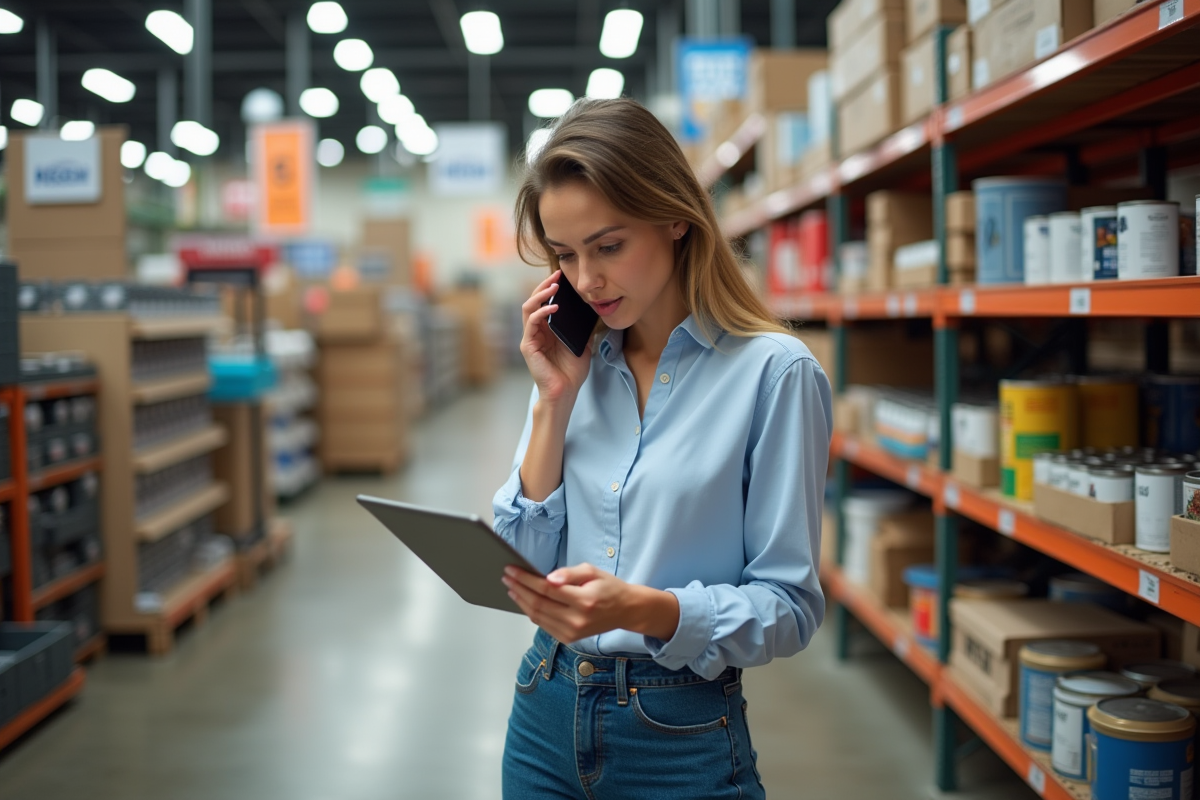 Jeune femme parle au téléphone dans un magasin de bricolage