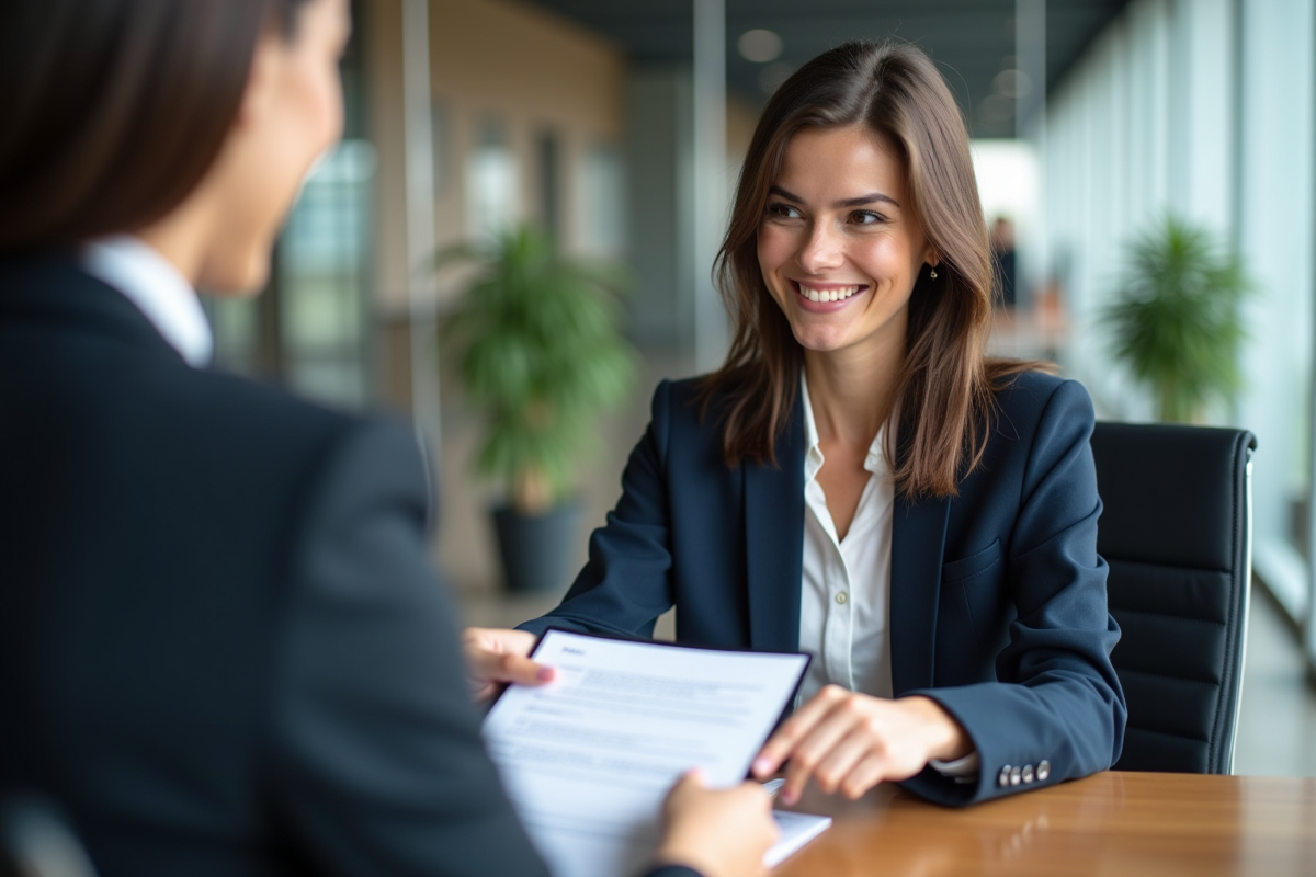 Femme d'affaires confiante remettant des documents à une banque