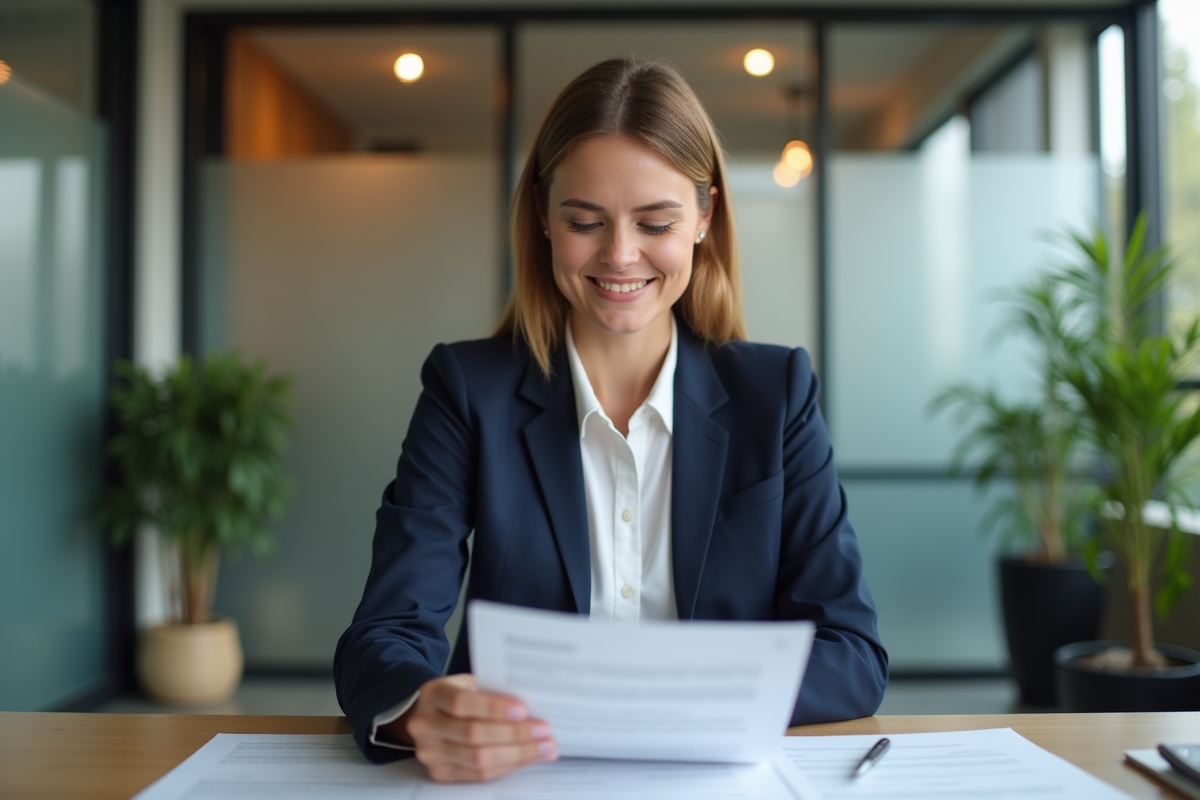 Femme d'affaires en bureau moderne souriante
