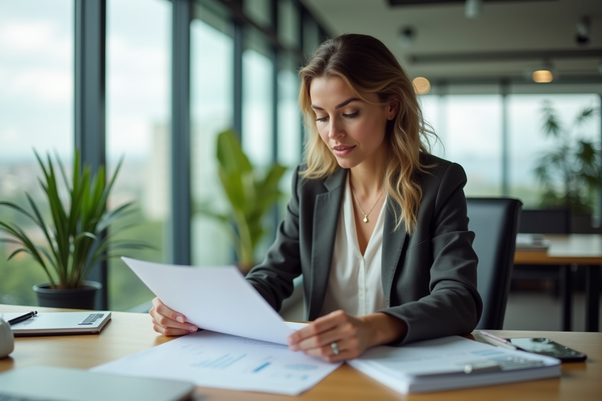 Femme confiante au bureau avec documents financiers