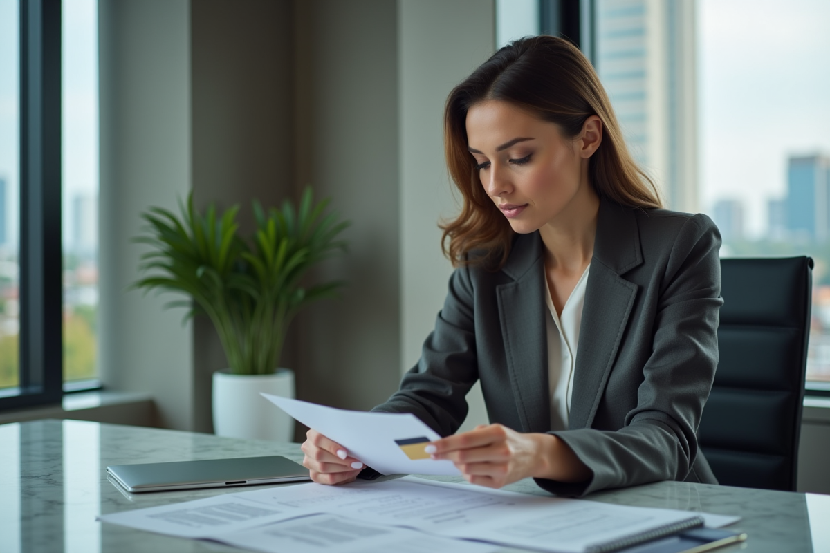 Femme d affaires examinant une carte bancaire dans un bureau moderne
