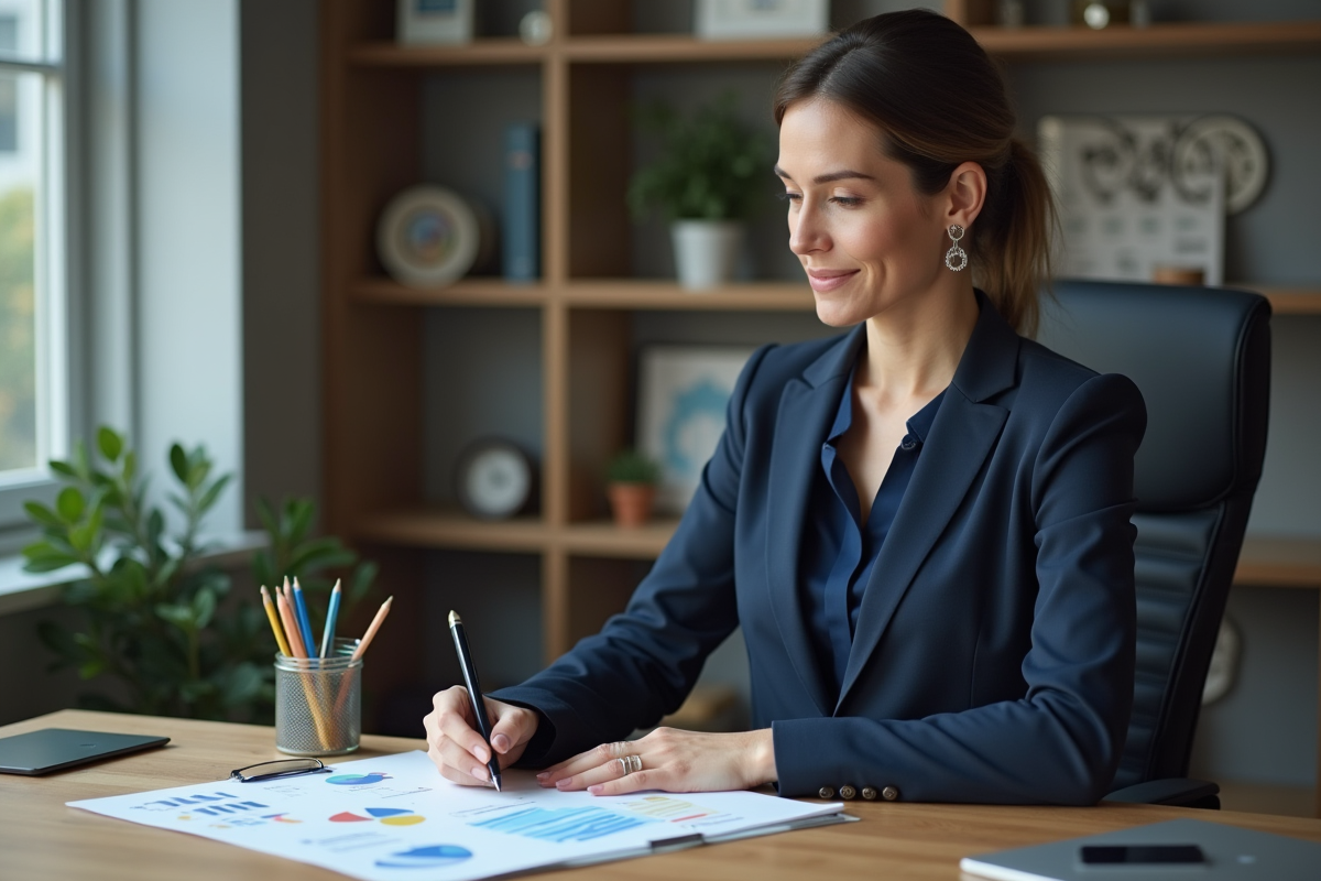 Femme d'affaires en costume bleu analysant des graphiques financiers