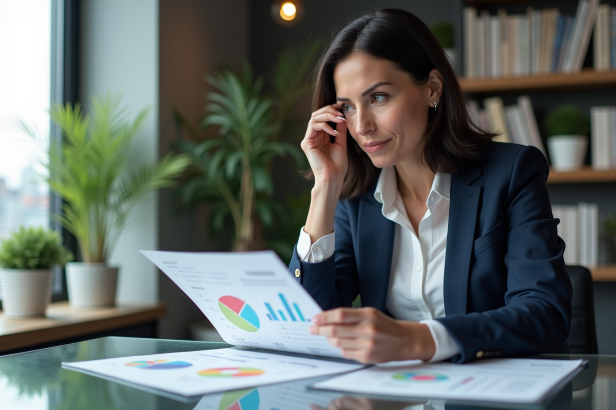 Femme d'affaires confiante analysant des graphiques financiers