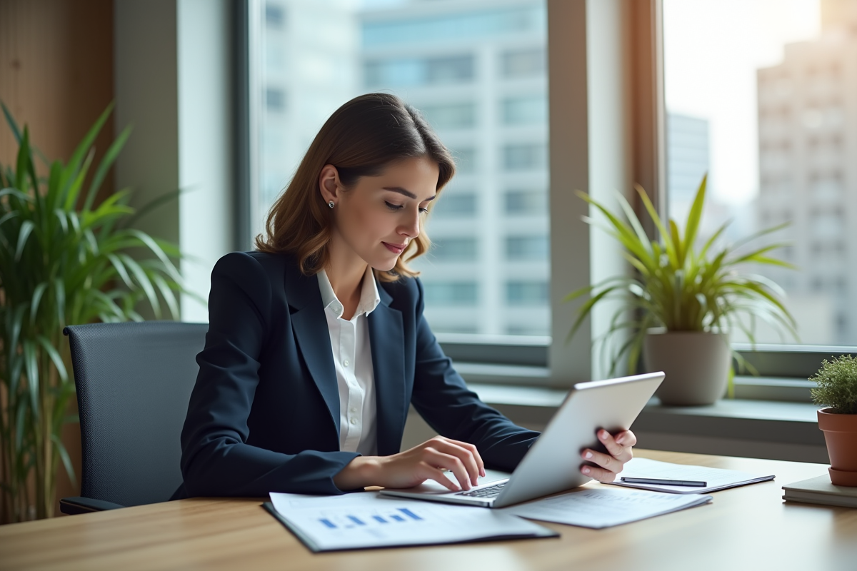 Femme d'affaires en bureau moderne avec documents immobilier