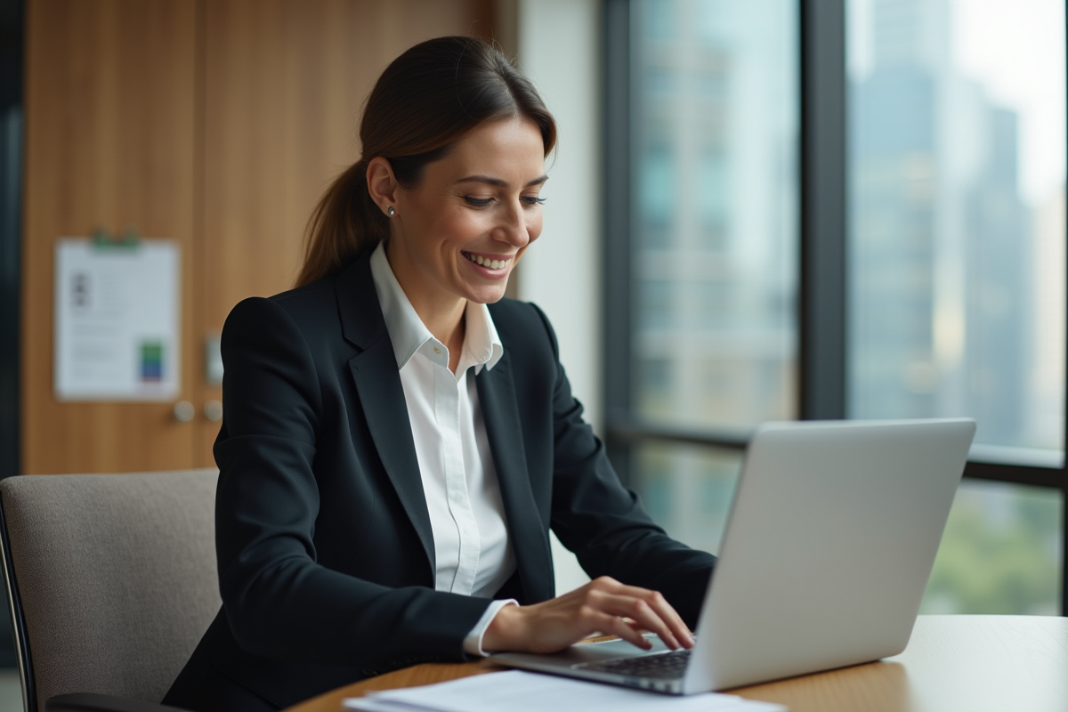 Femme d'affaires au bureau vérifiant un formulaire bancaire