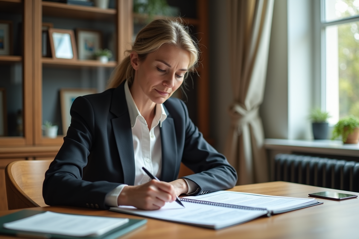 Femme d'affaires lisant des documents dans un bureau moderne