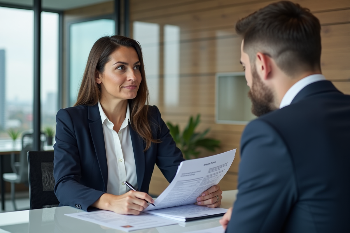 Femme d'affaires en blazer bleu examine des documents de prêt