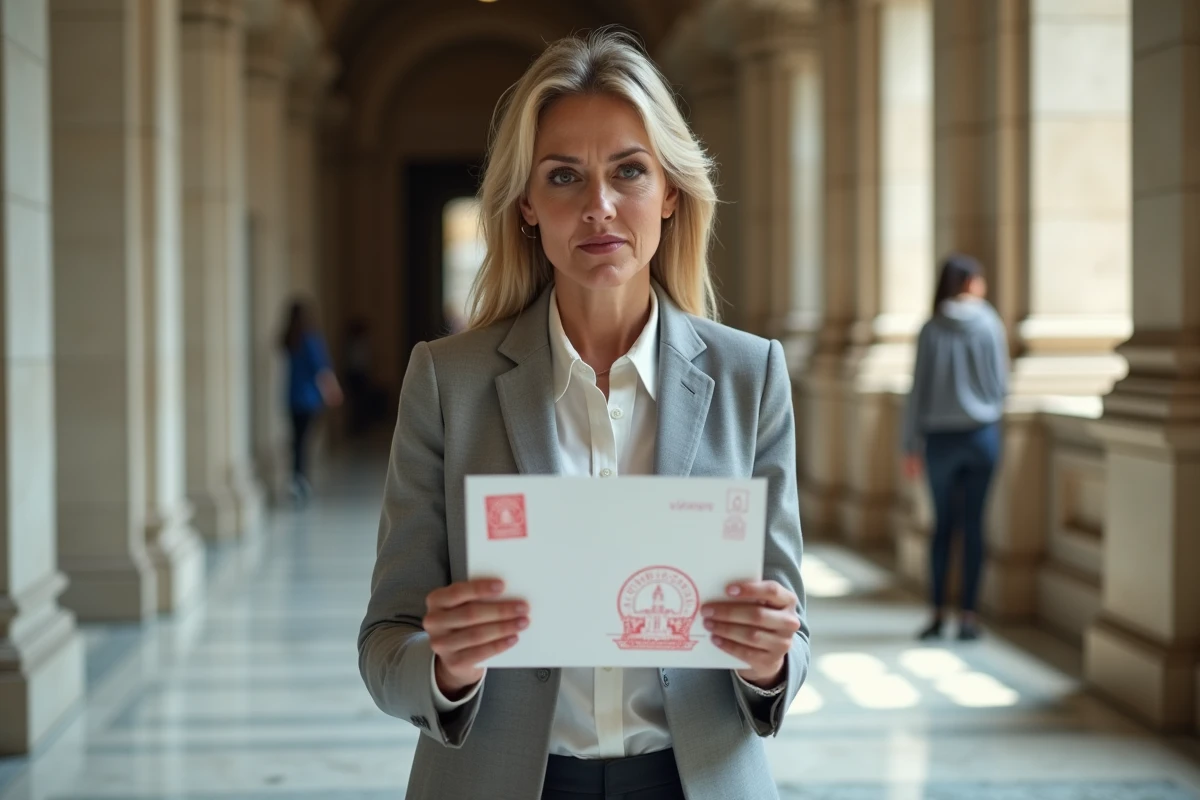 Femme lisant une convocation d'amende dans un couloir de palais de justice