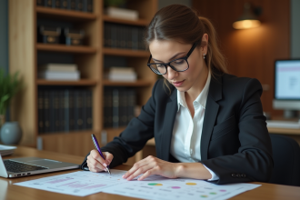 Femme en blazer analysant des documents financiers au bureau