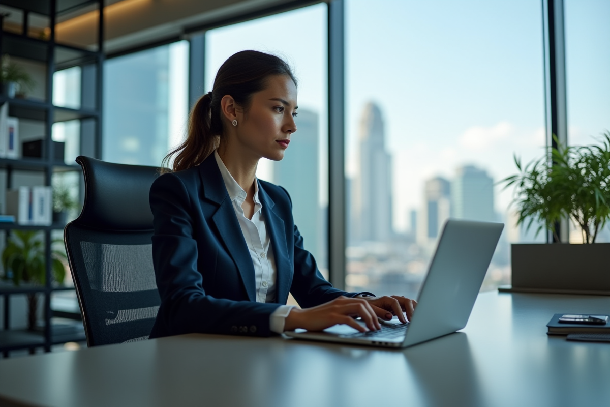 Femme d'affaires analysant un graphique dans un bureau moderne