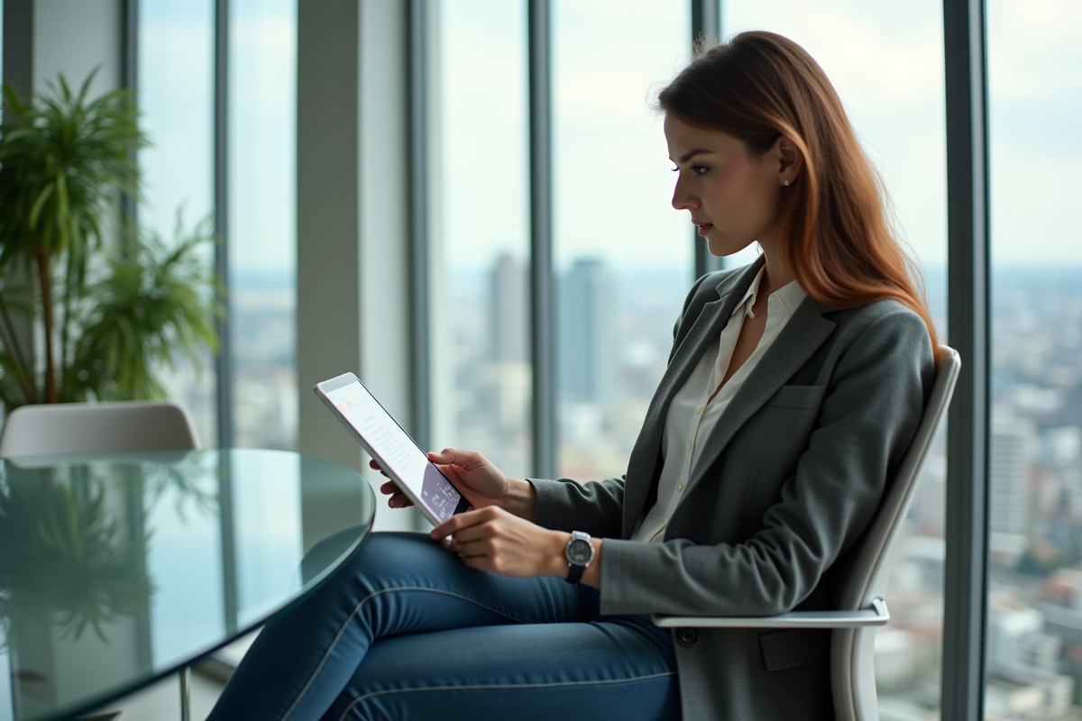 Jeune femme confiante analysant Solana sur tablette dans un bureau lumineux