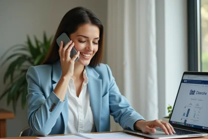 Femme appelant le service client de La Banque Postale depuis son bureau à domicile