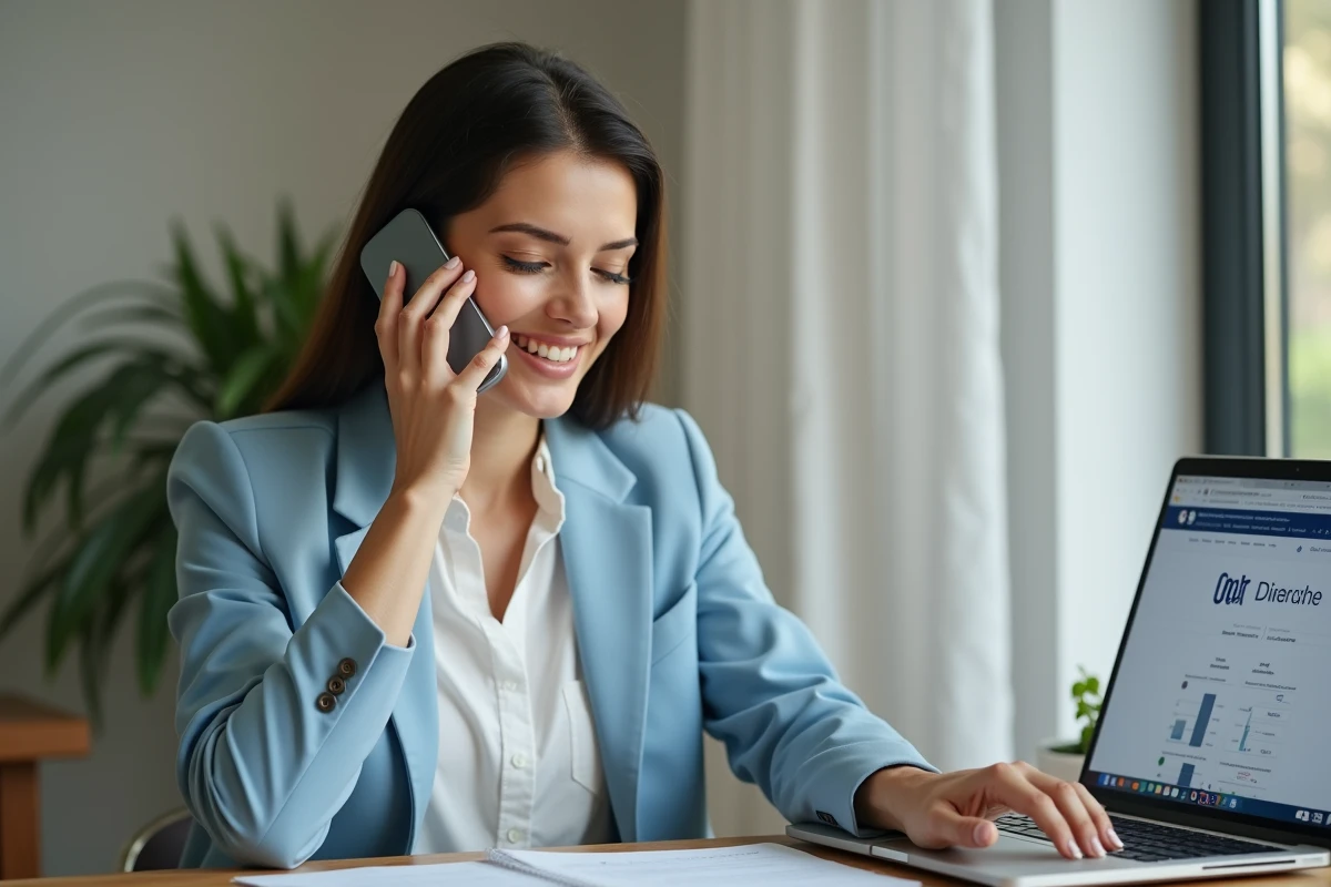 Femme appelant le service client de La Banque Postale depuis son bureau à domicile