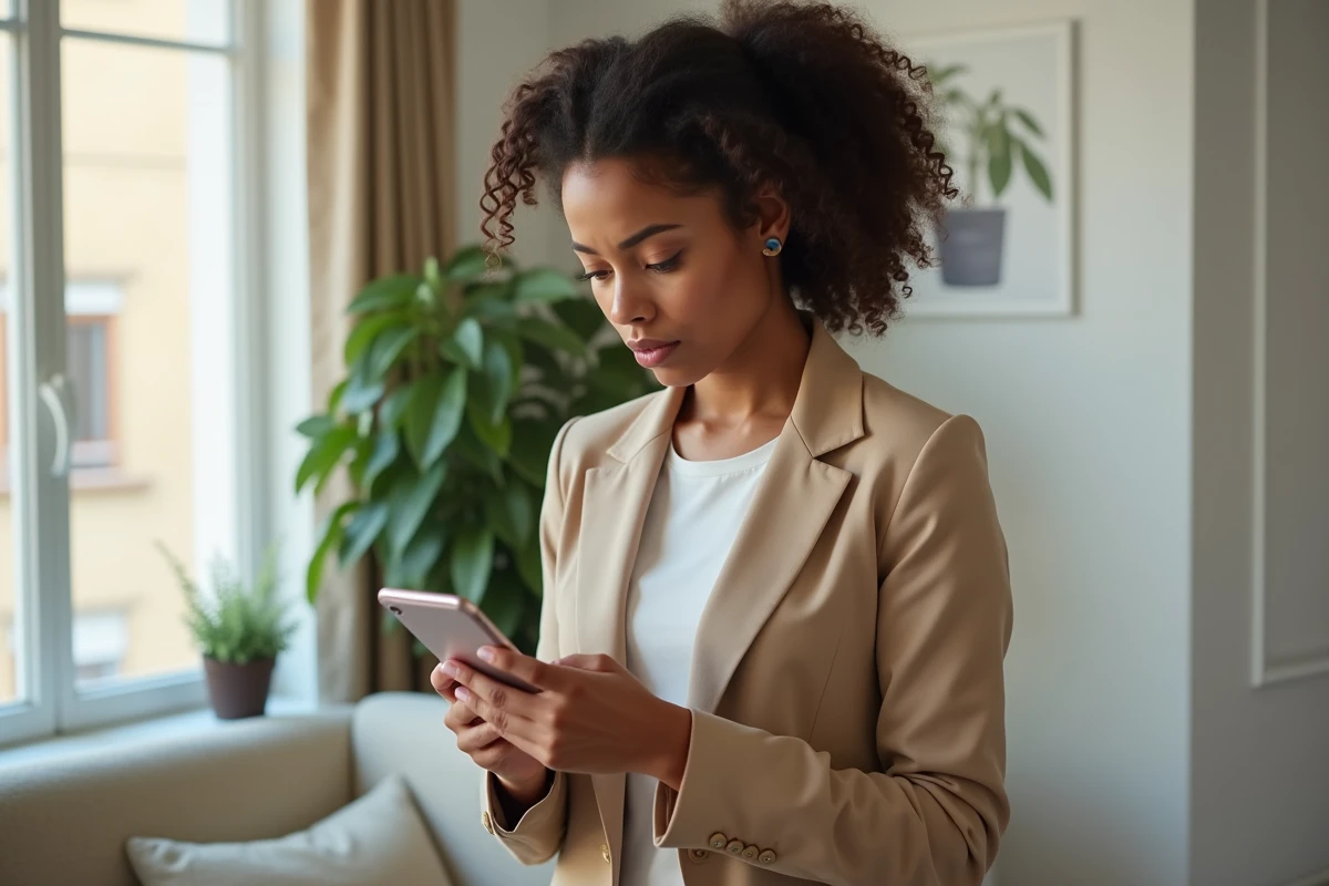 Jeune femme consultant l'application mobile P&ocirc;le emploi pour v&eacute;rifier le versement de son allocation
