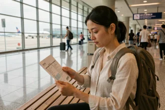Femme consultant des documents d'assurance voyage dans un aéroport international en Asie avant son départ