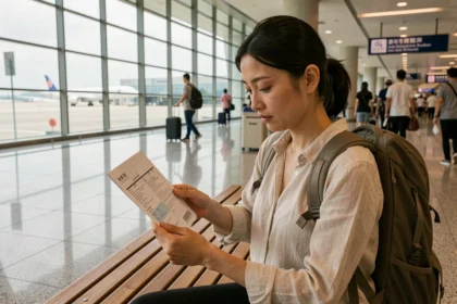 Femme consultant des documents d'assurance voyage dans un aéroport international en Asie avant son départ