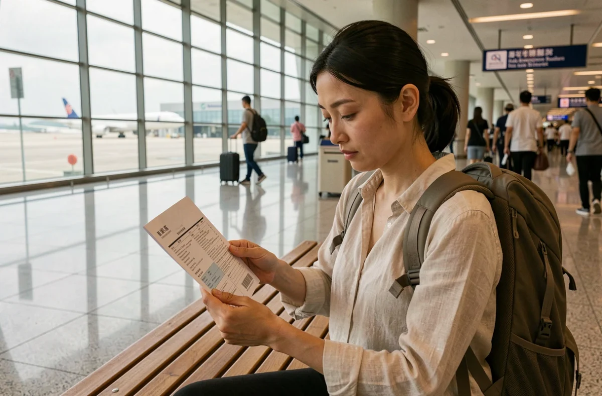Femme consultant des documents d'assurance voyage dans un aéroport international en Asie avant son départ