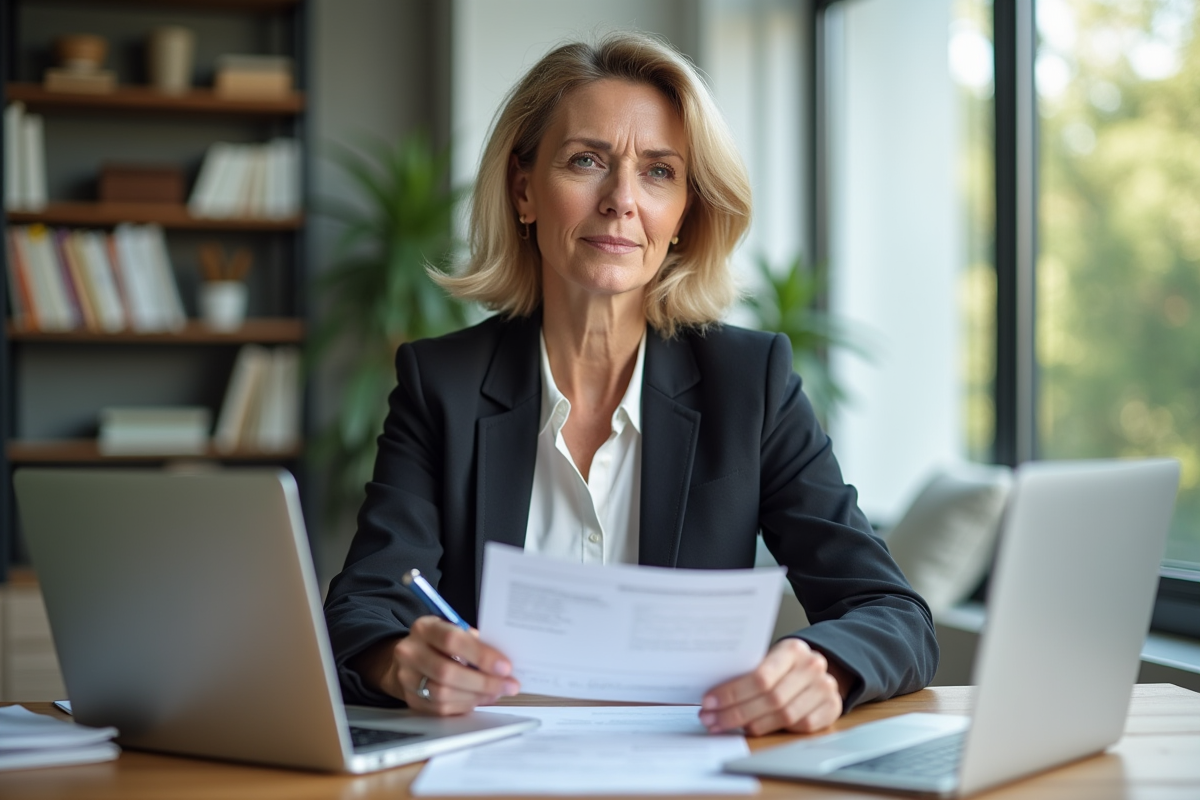Femme d'âge moyen dans un bureau professionnel examine des documents d'assurance