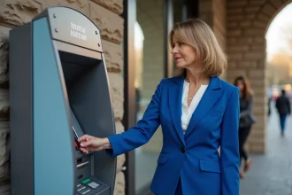 Femme d'âge moyen utilisant un distributeur extérieur près d'une poste