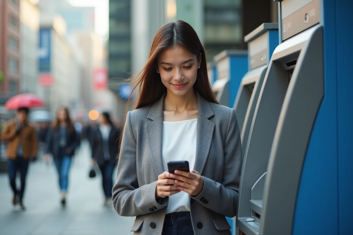 Jeune femme utilisant un distributeur automatique en ville