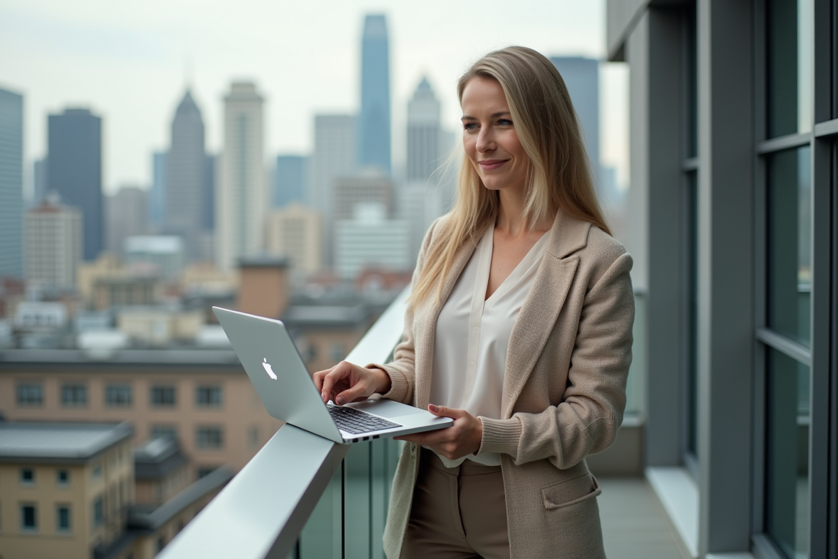 Femme souriante avec ordinateur sur balcon urbain pour l