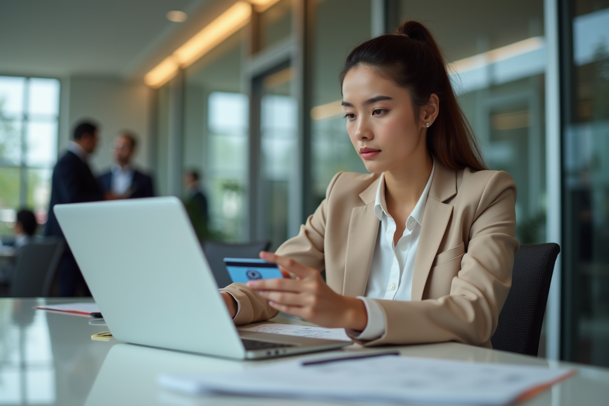 Femme en banque examinant documents et carte bancaire
