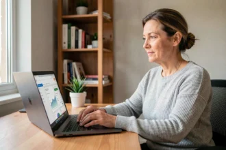 Femme utilisant un espace bancaire en ligne sur ordinateur portable depuis son bureau à domicile