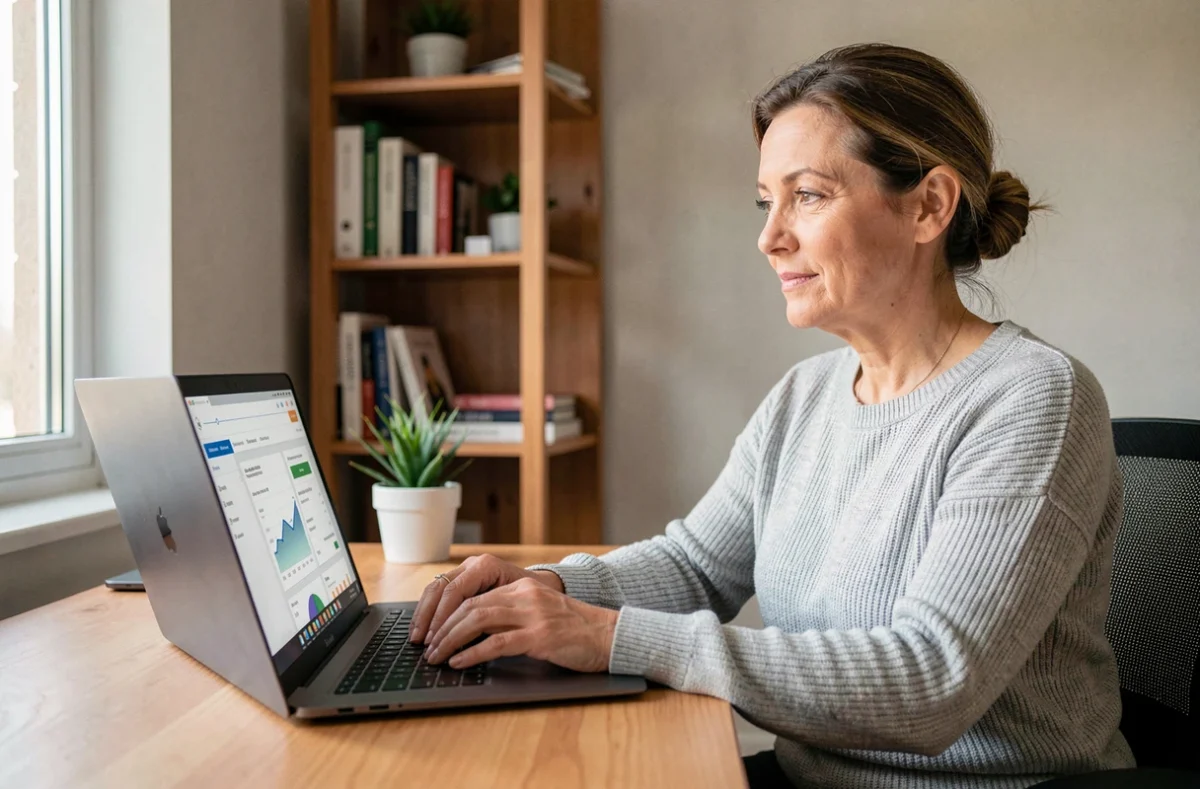 Femme utilisant un espace bancaire en ligne sur ordinateur portable depuis son bureau à domicile