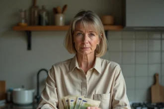 Femme tenant des billets de banque en euros dans une cuisine, symbolisant l'inquiétude face à la disparition du cash
