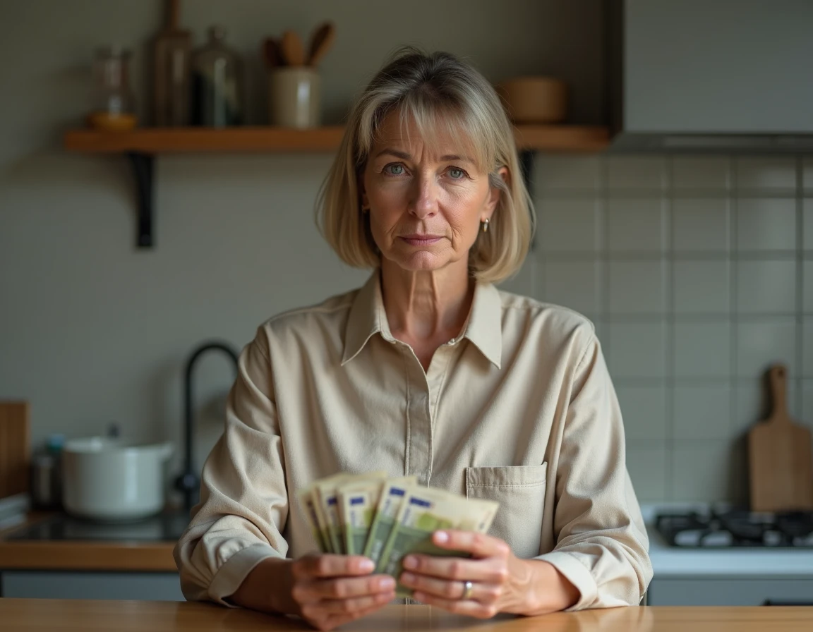 Femme tenant des billets de banque en euros dans une cuisine, symbolisant l'inquiétude face à la disparition du cash