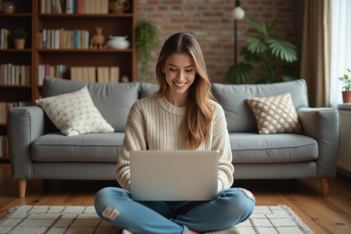 Jeune femme souriante vérifiant des données boursières sur son ordinateur portable à la maison