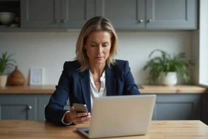 Femme en blazer regardant son ordinateur dans la cuisine
