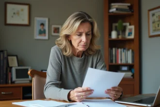 Femme d'âge moyen lisant un document dans un bureau à domicile