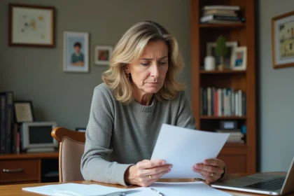 Femme d'&acirc;ge moyen lisant un document dans un bureau &agrave; domicile