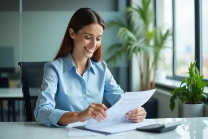 Femme souriante v&eacute;rifiant une fiche de paie au bureau