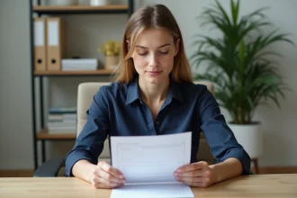 Femme professionnelle relisant une lettre de demission dans un bureau