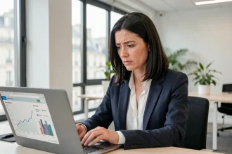 Femme cadre analysant une courbe salariale sur un ordinateur portable dans un bureau moderne à Paris