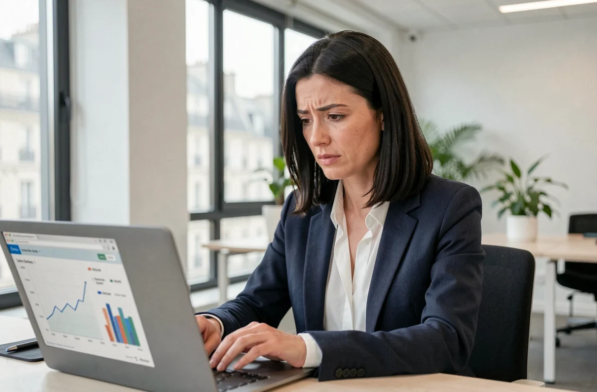 Femme cadre analysant une courbe salariale sur un ordinateur portable dans un bureau moderne à Paris