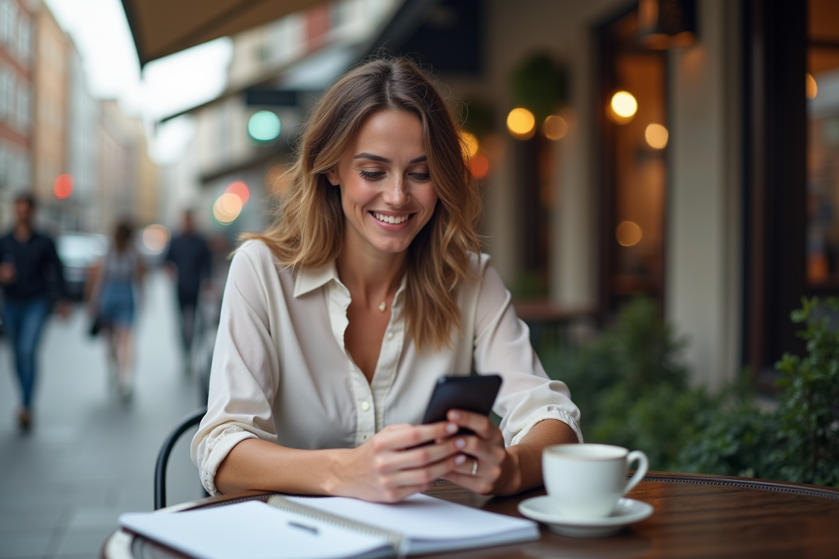 Femme souriante vérifiant ETF sur son smartphone en extérieur