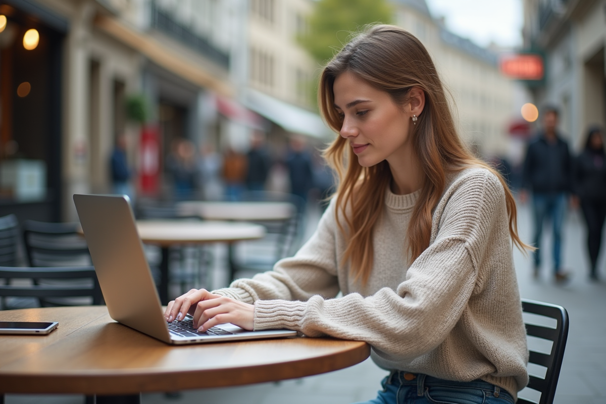 Jeune femme au café consulte un site fiscal sur son ordinateur portable