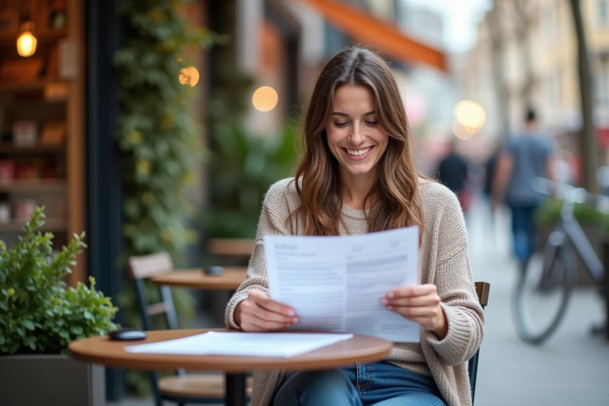 Jeune femme au caf&eacute; examine une police d