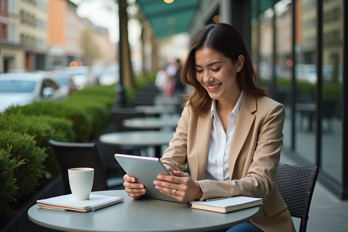 Jeune femme au café utilisant une tablette en ville