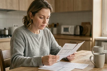 Femme consultant ses fiches de paie et son budget net après déductions sur 2300 euros brut